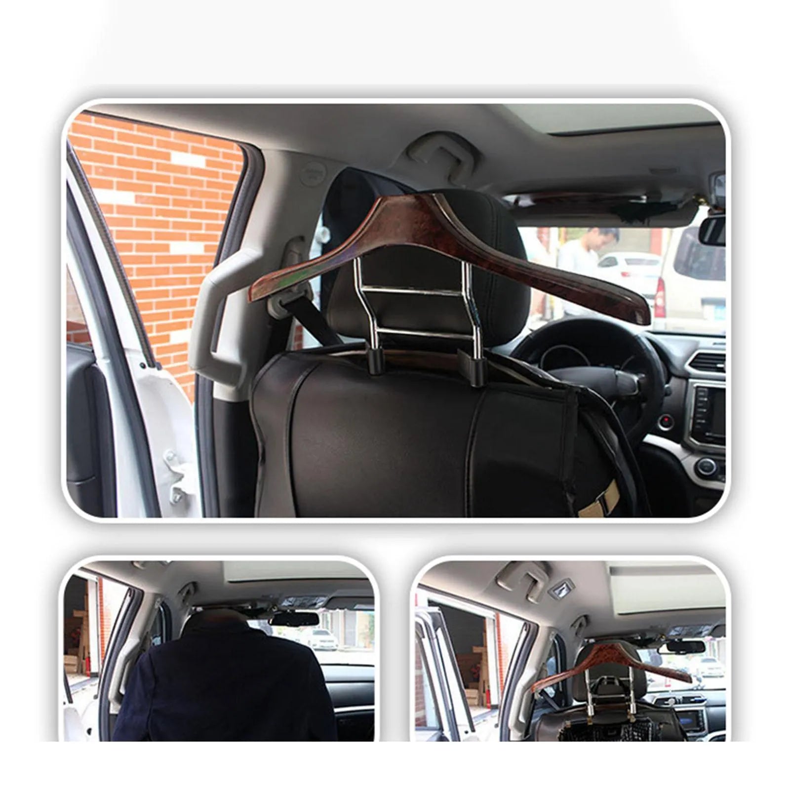 Wood yellow stainless steel car mounted clothes hanger showing dimensions.