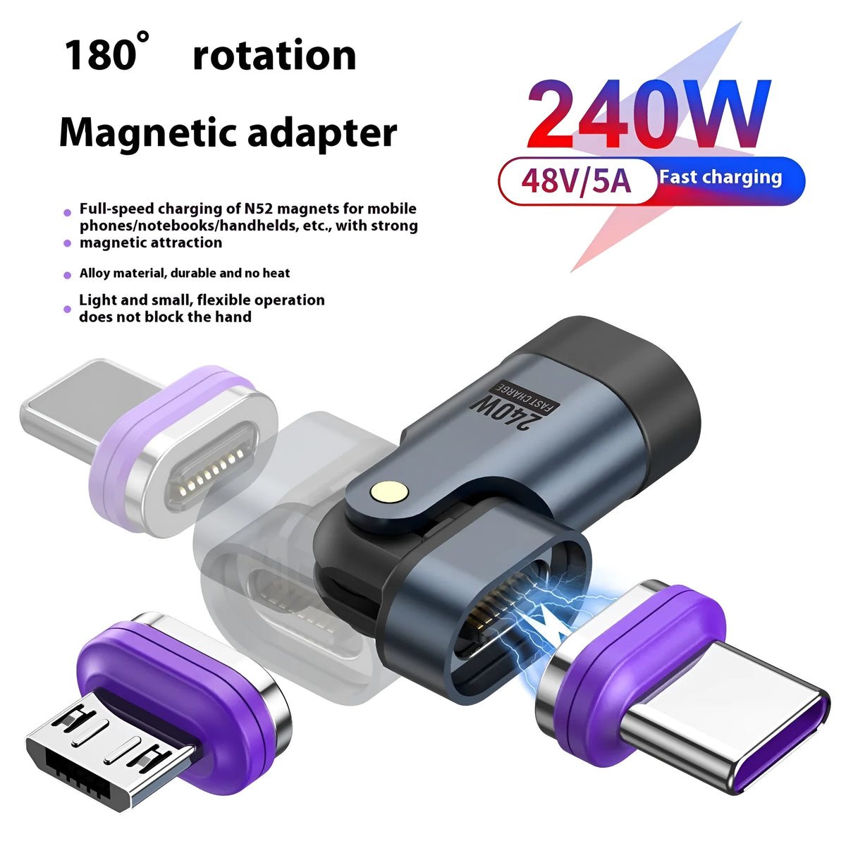 240W magnetic type-c adapter with alloy body and PD30 fast charge support for Android Apple and Typec devices