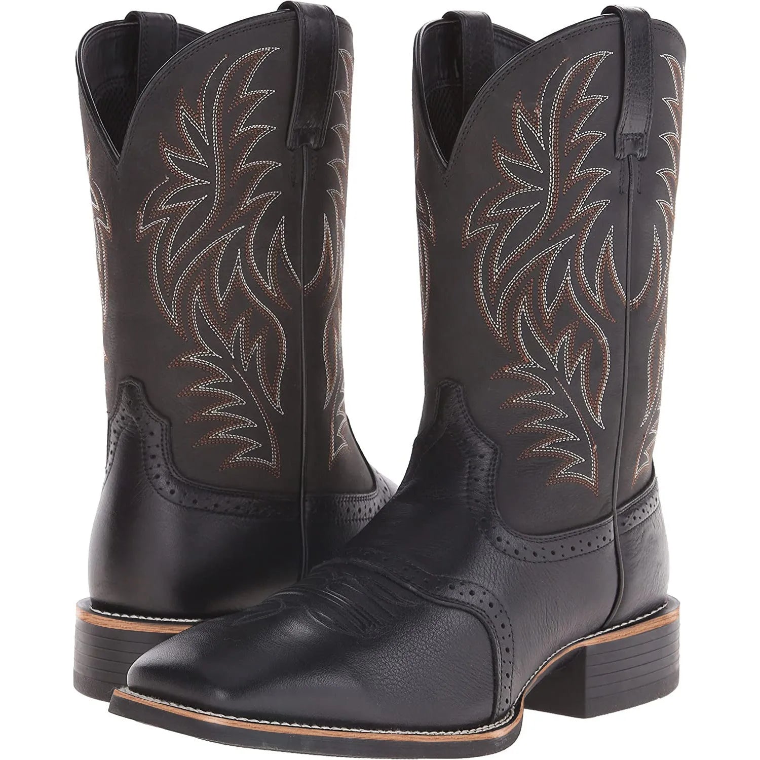 Men's black Western cowboy boots with embroidered detailing and square toe design