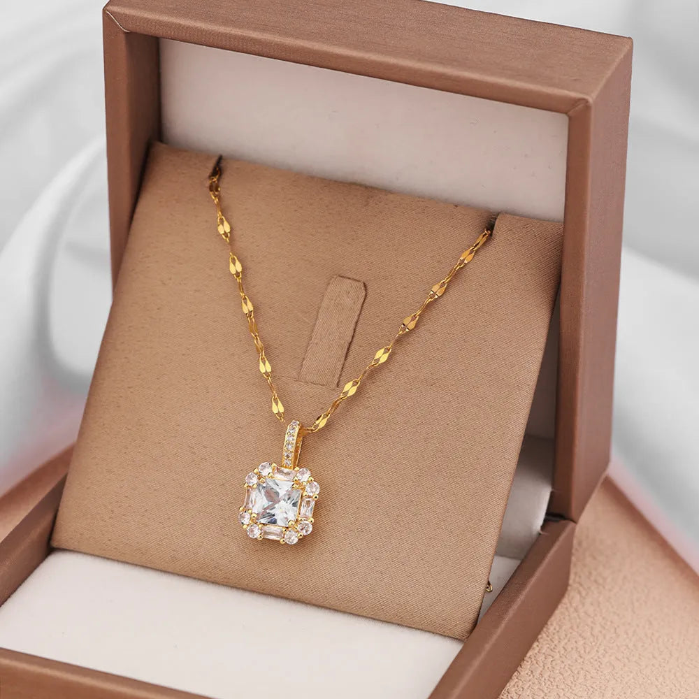 Women's titanium steel geometric clavicle chain with quadrilateral mixed gem pendant on water wave chain