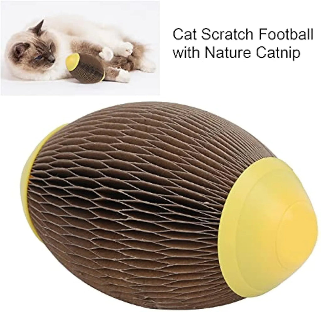 Elliptical corrugated paper catnip ball toy for scratching and play, measuring 65mm by 108mm