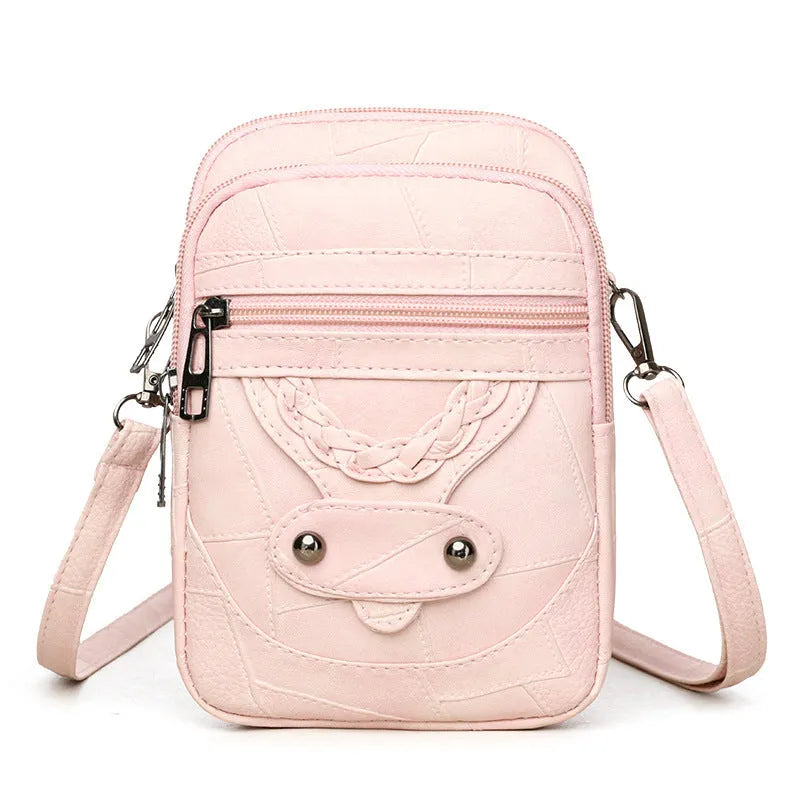 Brown retro style mobile phone bag with weaving patterns and decorative rivets on soft leather PU material