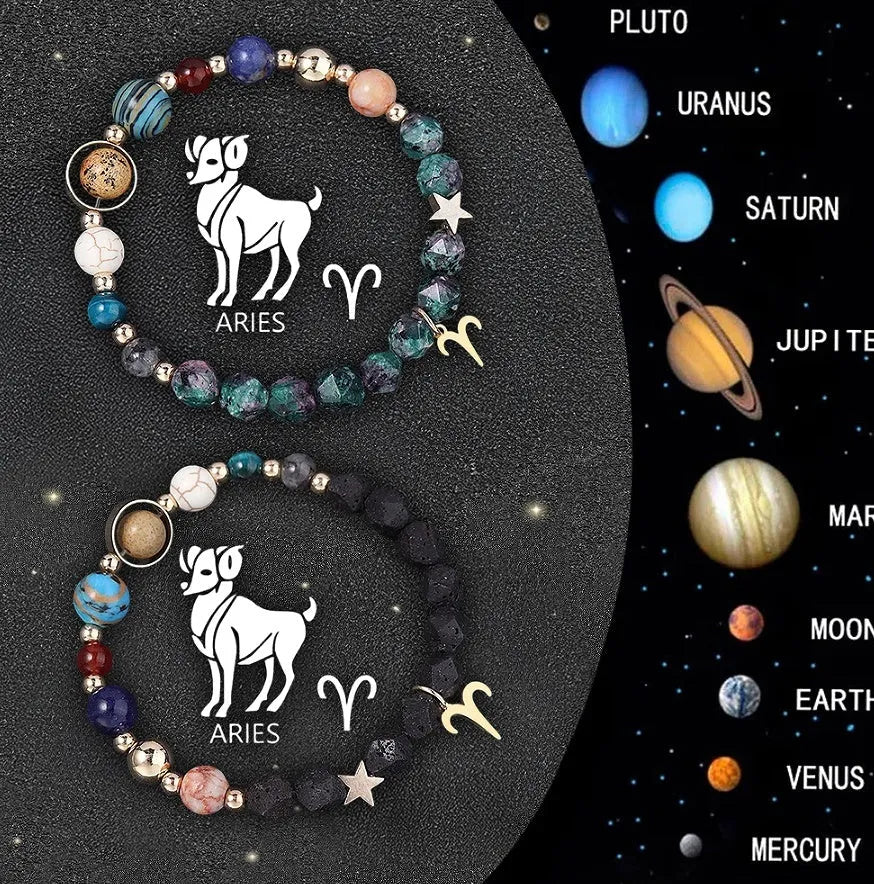 Natural stone beaded bracelet set showing zodiac sign designs on adjustable elastic cord