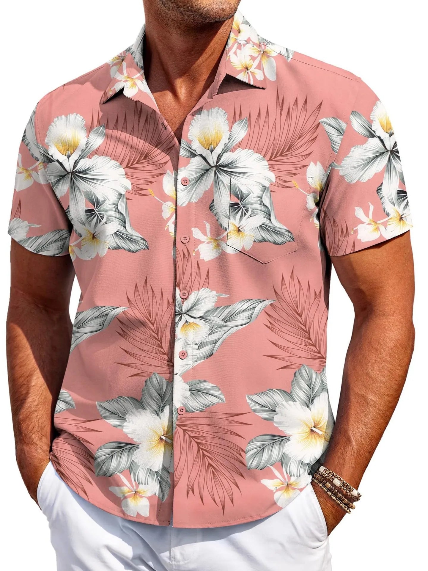 Men's slim fit short sleeve Hawaiian shirt in cardigan style, shown in a solid colour.