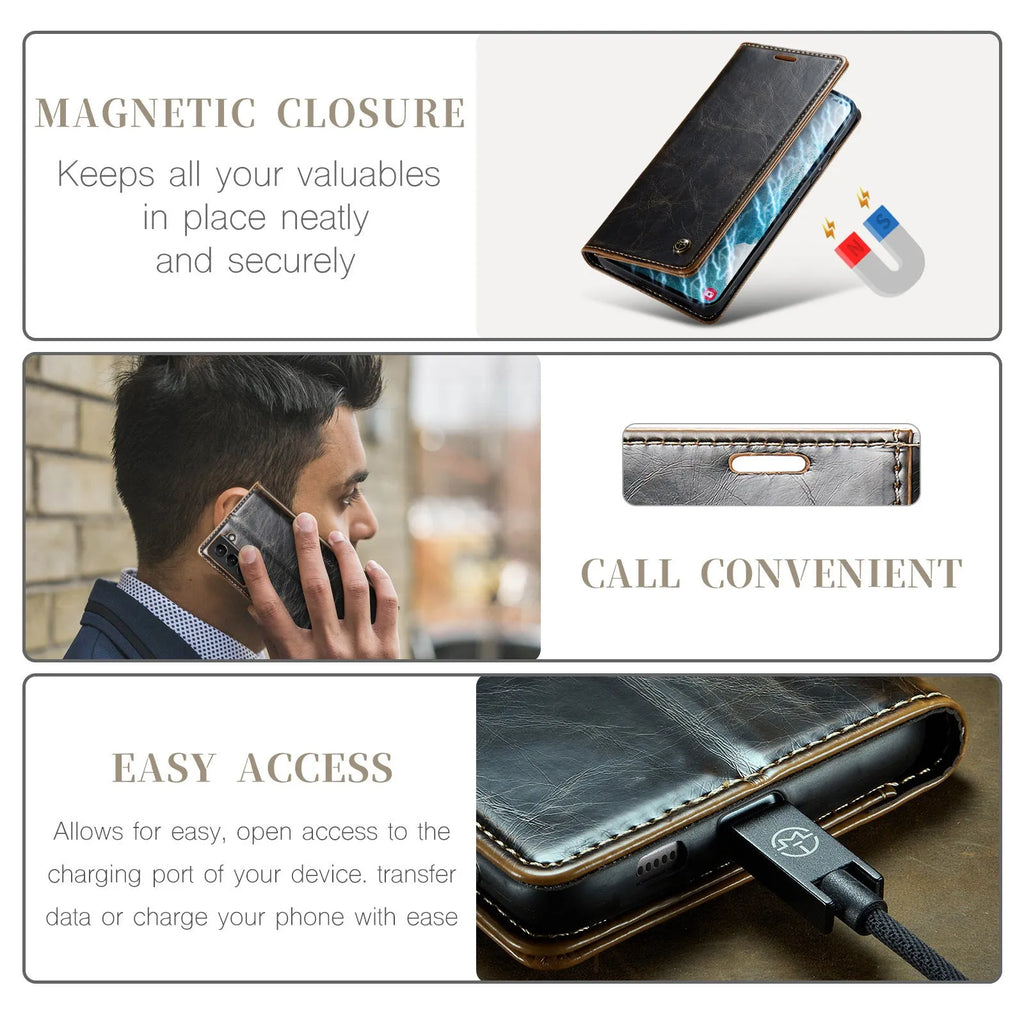 Crazy horse pattern PC leather card flip phone case for Samsung Galaxy A55, showing card slot and magnetic closure