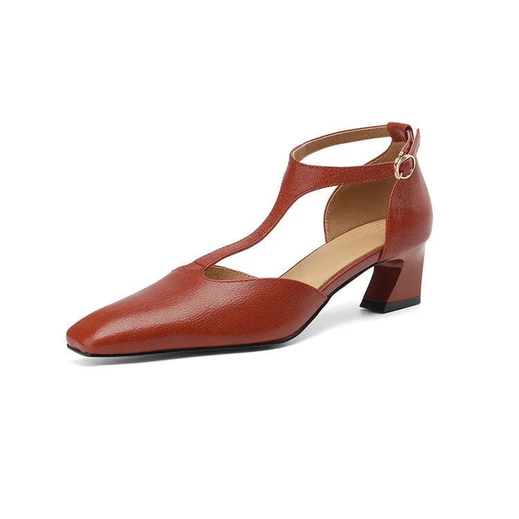 Women's wine red retro square toe chunky heel sheepskin leather shoes with buckle fastening