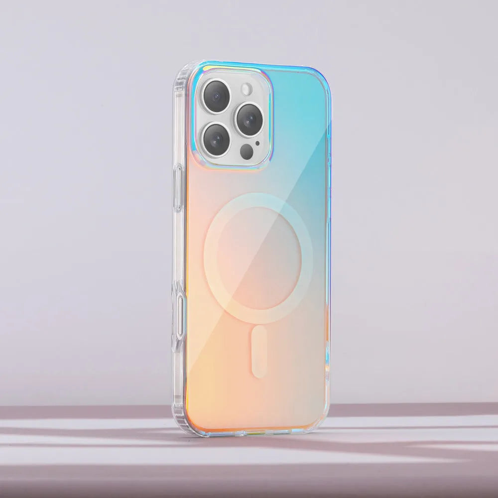 Glossy transparent magnetic iPhone case with chameleon colour-shift design on a smartphone.