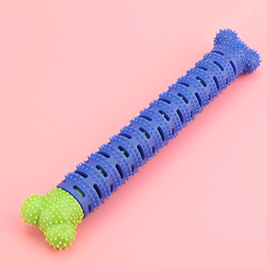 Blue and green silicone dog molar tooth cleaning toy with textured brush head and nodules, 25cm long.