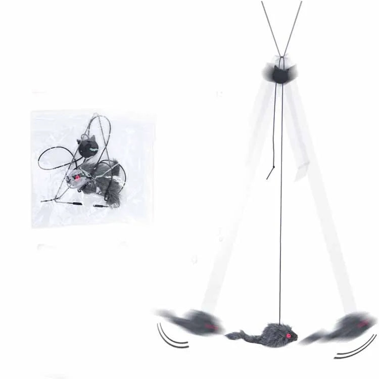 Cat toy with telescopic elastic rope hanging from door with plush mouse-shaped toy at bottom