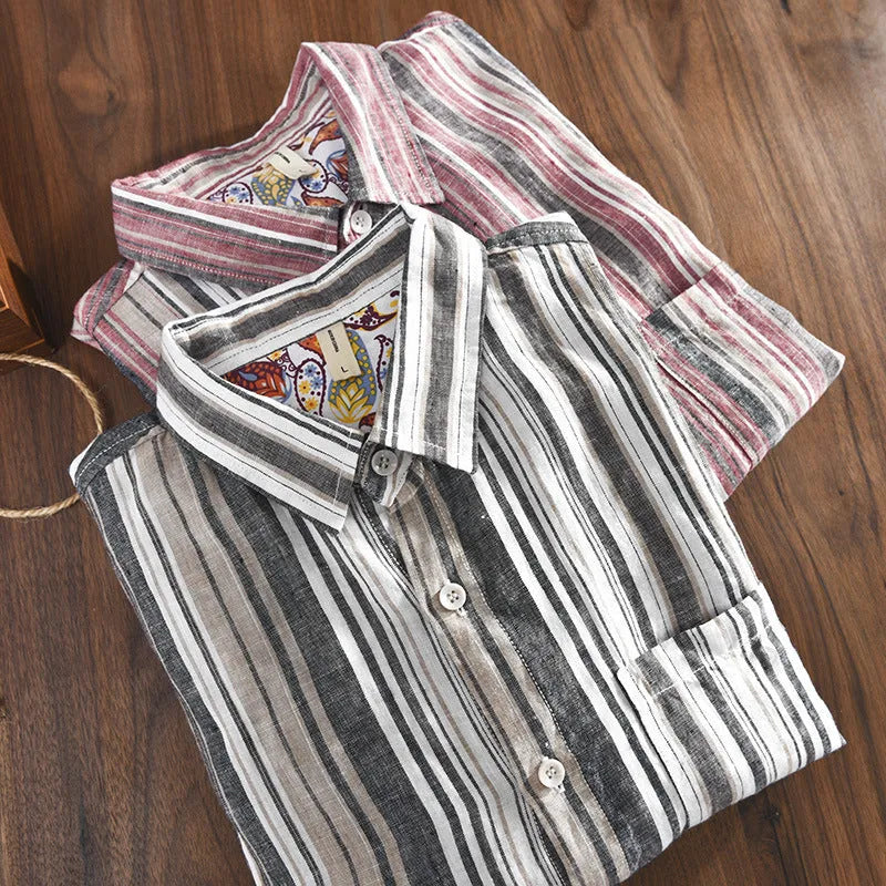 Men's casual linen striped shirt in grey, long sleeves, loose fit for spring summer