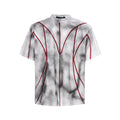 Women's short sleeve T-shirt with padded shoulders and raised line patchwork design in a round neck style.