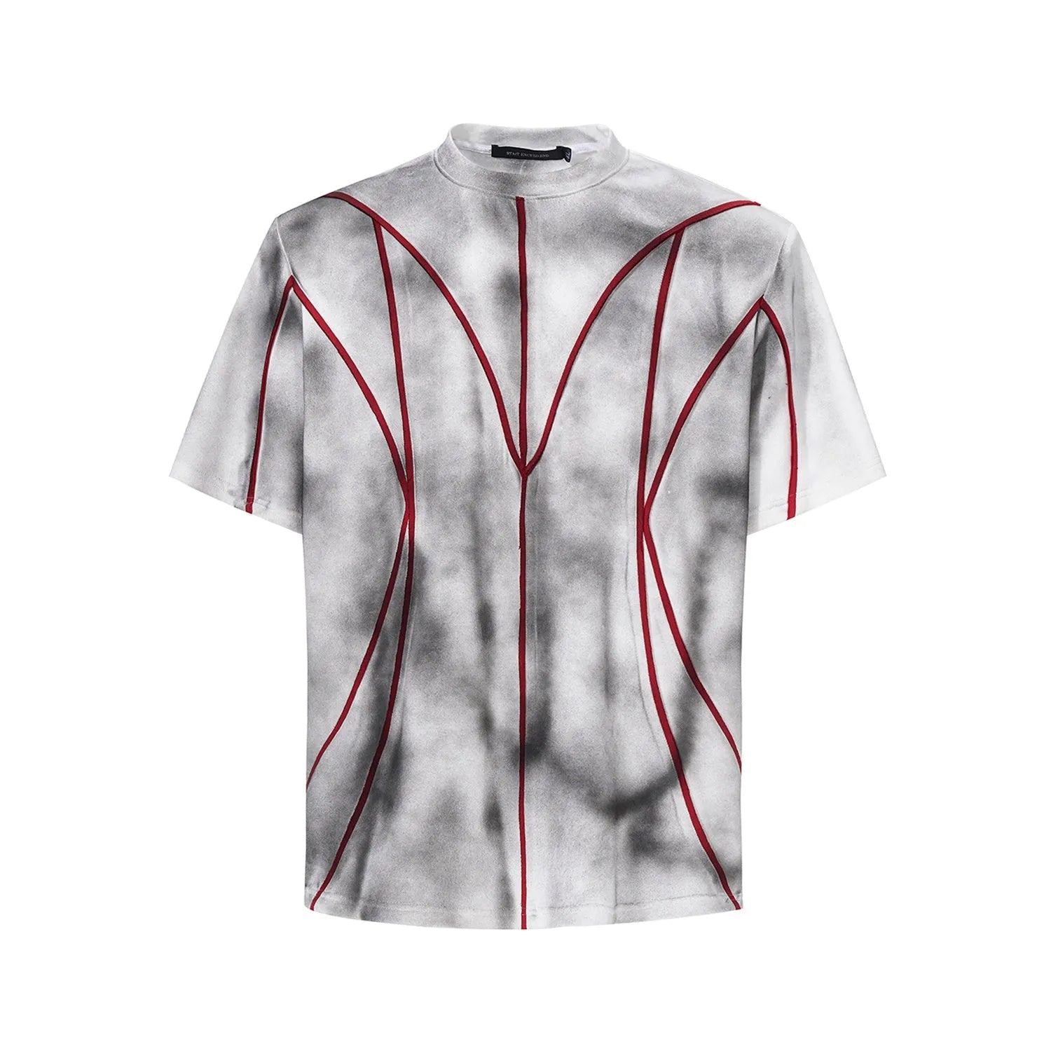 Women's short sleeve T-shirt with padded shoulders and raised line patchwork design in a round neck style.