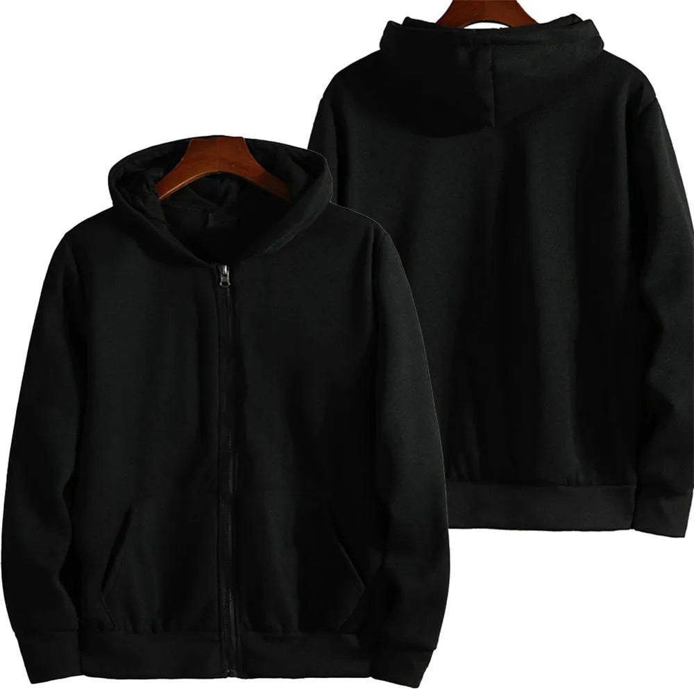 A man's loose fit solid colour zip-up sports jacket in a cardigan style.