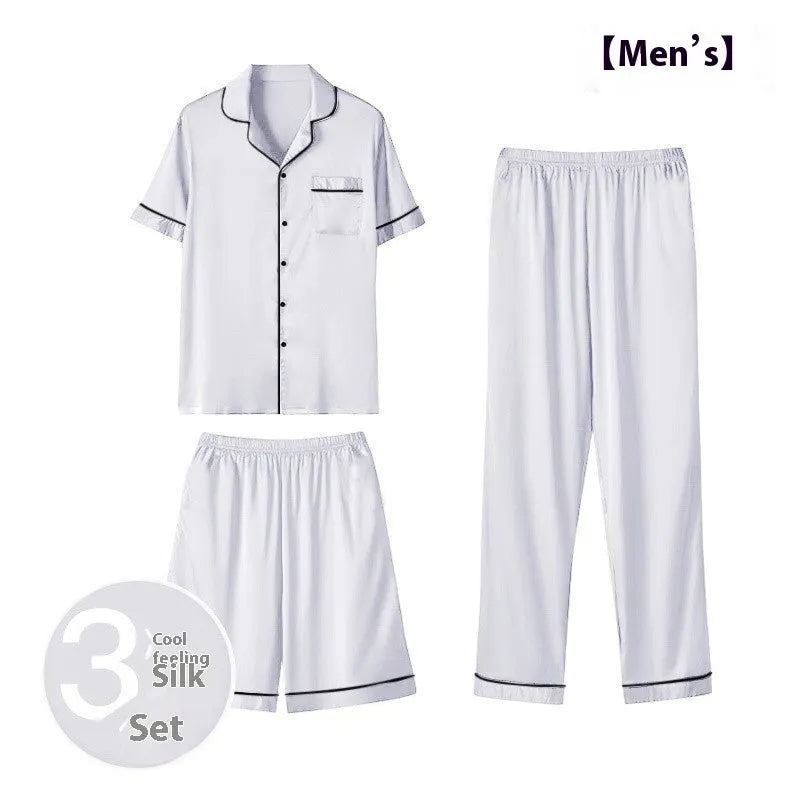 Men's ice silk three-piece home wear suit showing thin fabric, including trousers and shorts, in a selection of available colours.