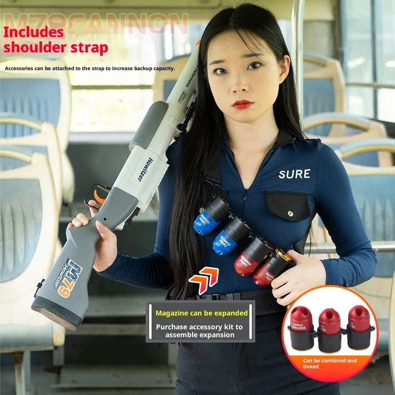 Three-piece Golden Ring Howitzer children's toy soft bullet gun set with plastic construction, includes gun, 20 bullets, and sling