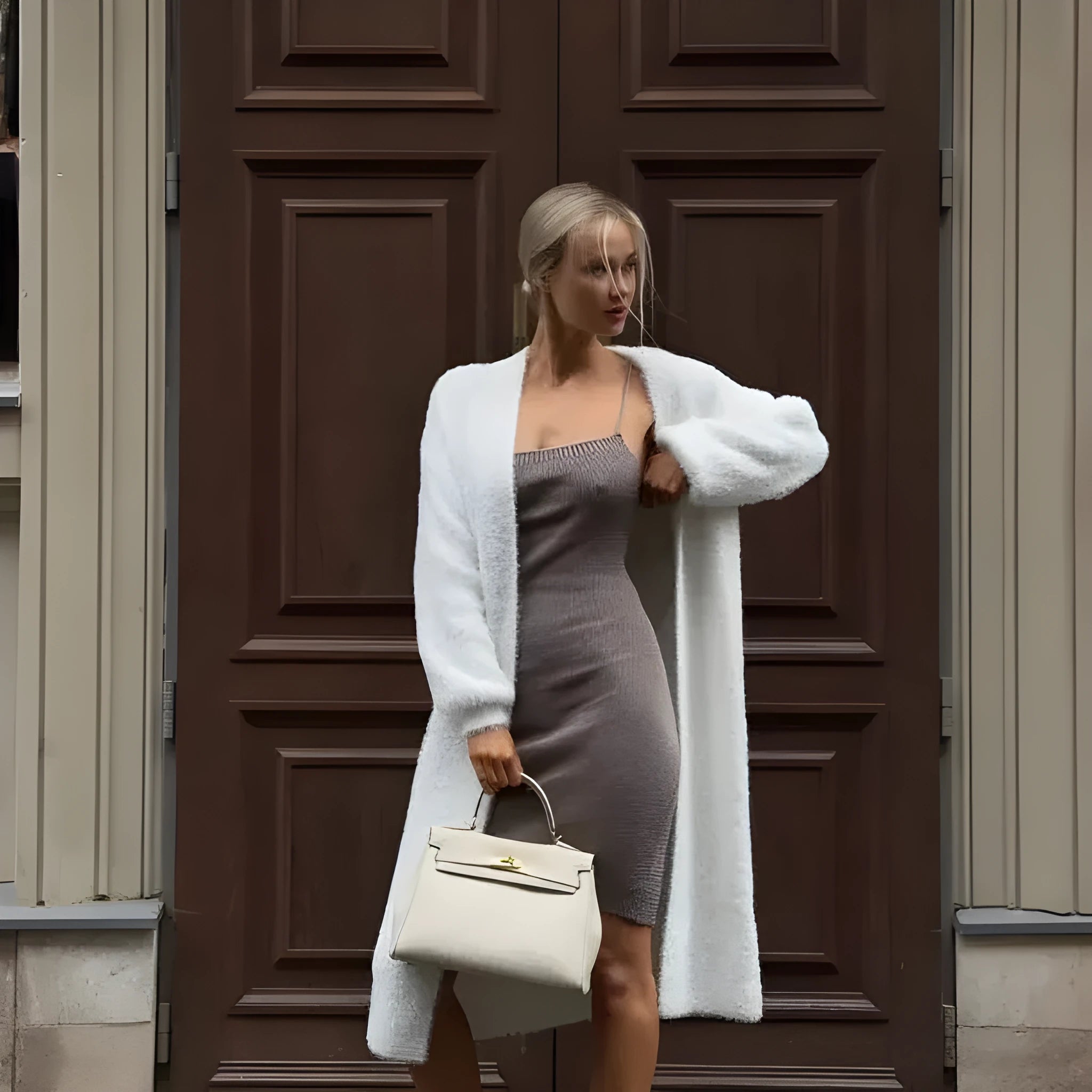 White women's sweater cardigan jacket with extended length and loose fit