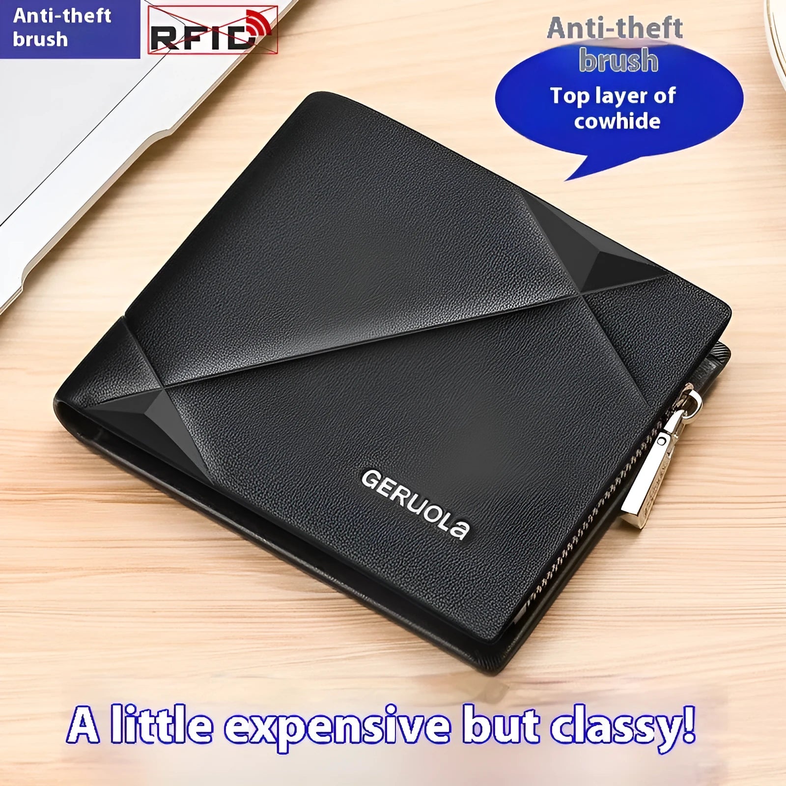 Men's brown leather wallet with zipper closure and rhombus pattern design