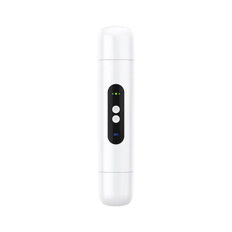 Pink and white portable electric depilator for trimming body hair, shown with USB cable.