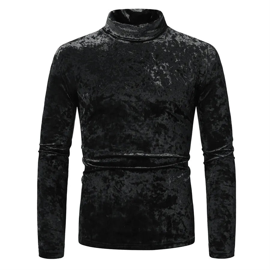 Men's velvet high-neck long-sleeve undershirt in solid colour slim-fit polyester pullover