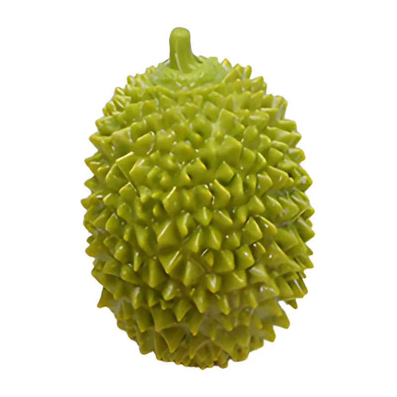 Durian-shaped dog chew toy in yellow with squeaker and tooth cleaning ridges