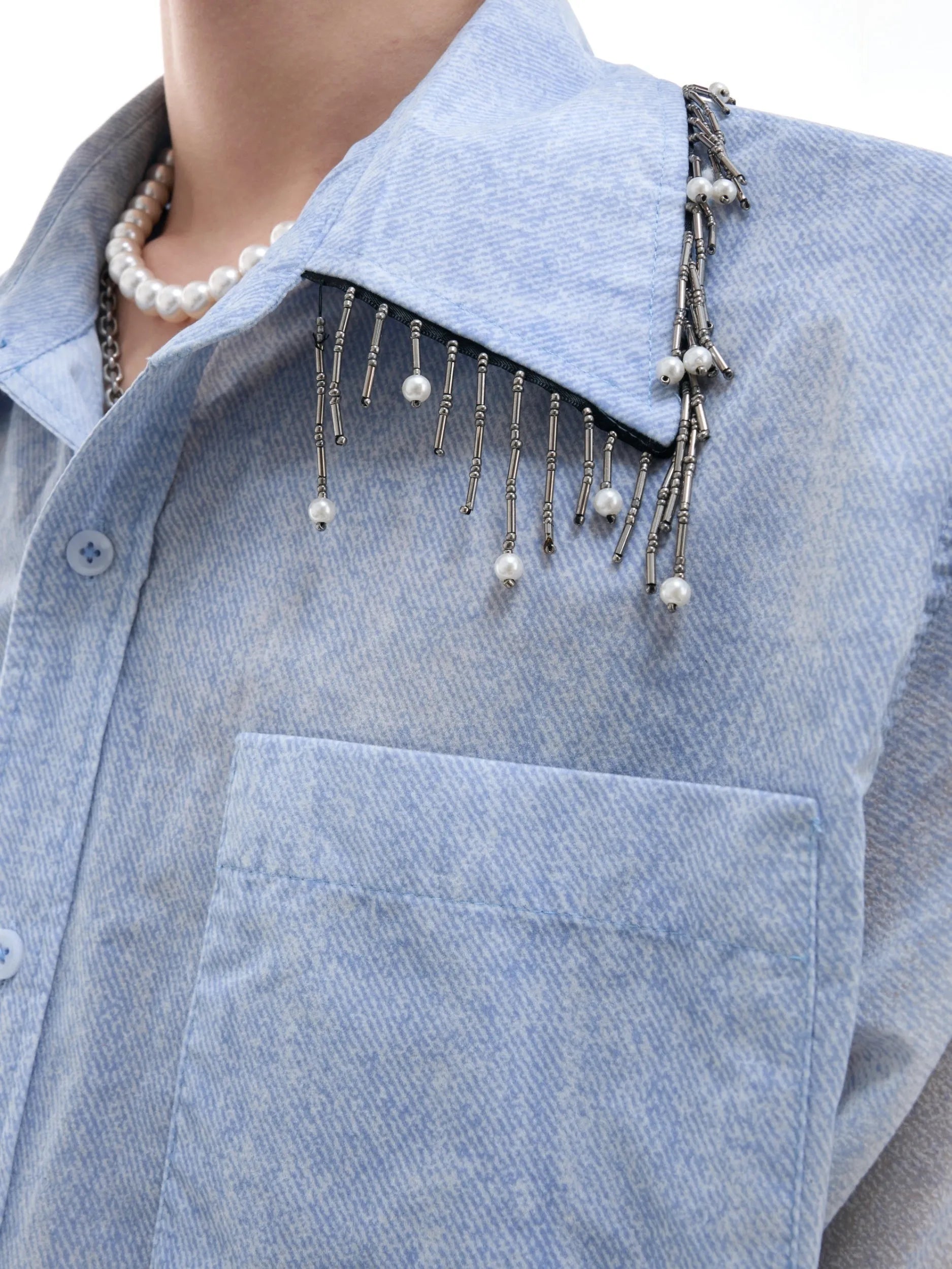 Blue and white gradient short-sleeve loose-fitting shirt for summer casual wear.