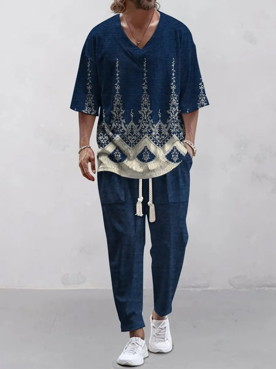Cropped sleeves V-neck trousers suit in thin polyester fabric with matching top and pants