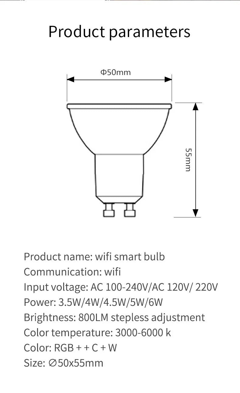 Smart GU10 RGBCCT 5W LED spotlight with wifi and voice control capabilities