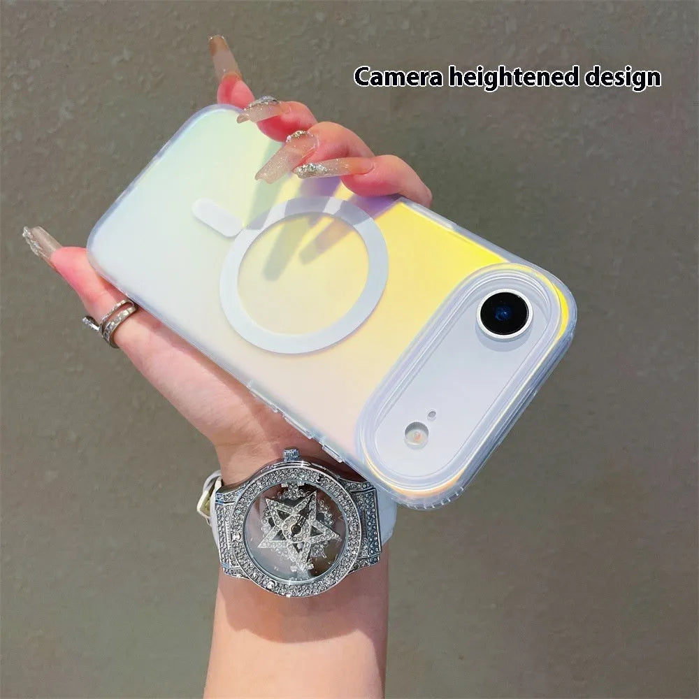 Laser gradient frosted magnetic phone case for iPhone 17 models on a table.