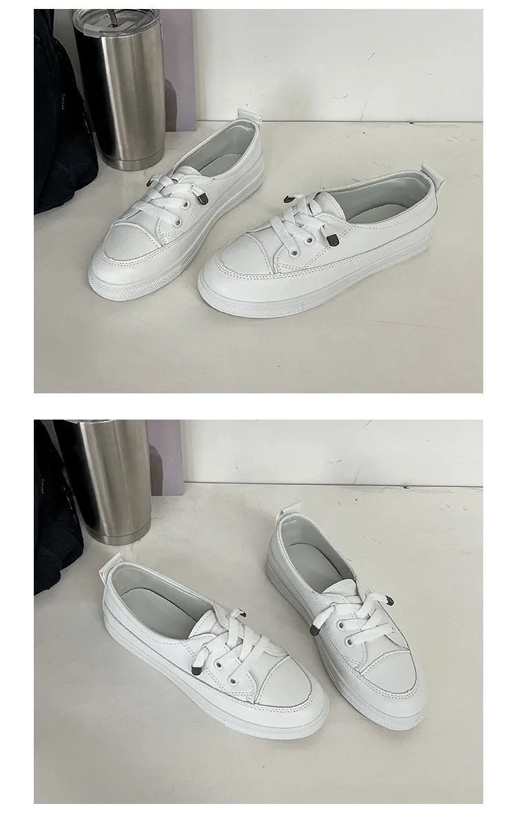 White women's sports breathable shoes with flat heel, round toe, lace-up front, and rubber sole
