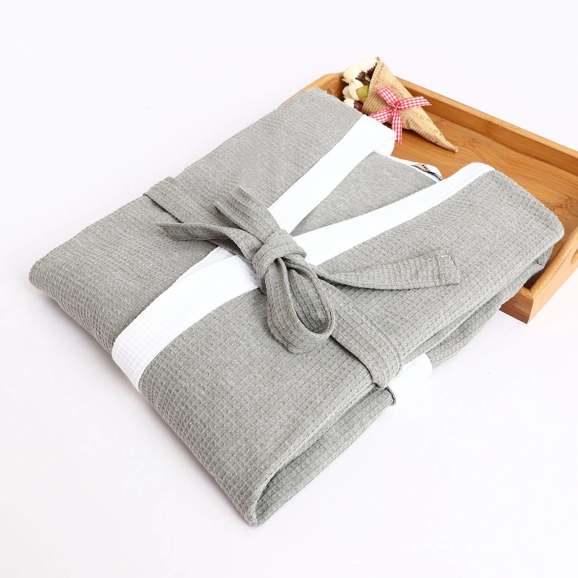 Cotton waffle robe bathrobe towel cardigan for men in gray black with long sleeves and wide brim