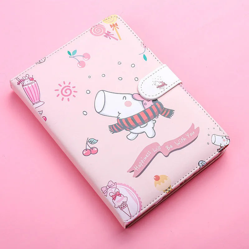Small white Kaba Bear Hippo notebook with magnetic buckle, showing PU leather cover and compact 135mm x 185mm size.