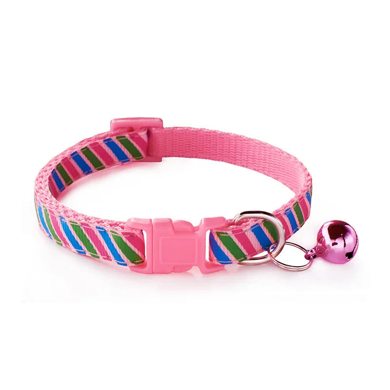 Twill printed cloth pet collar with bell, 1.0cm wide, adjustable 19-32cm, available in blue, orange, pink, purple, red, yellow