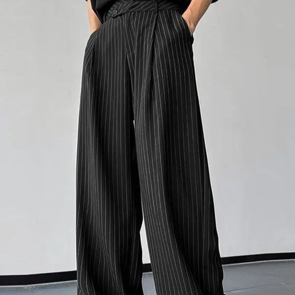 Black men's casual trousers with vertical stripes and front pleats made from rabbit hair and bamboo fibre.