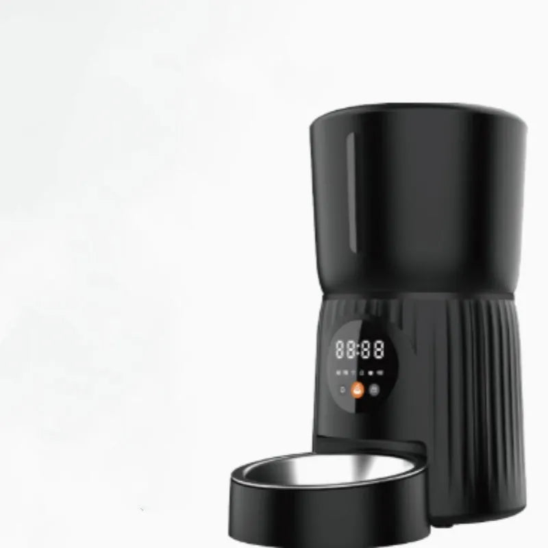 Black and white intelligent pet feeder with automatic timing and quantitative remote control via smartphone app