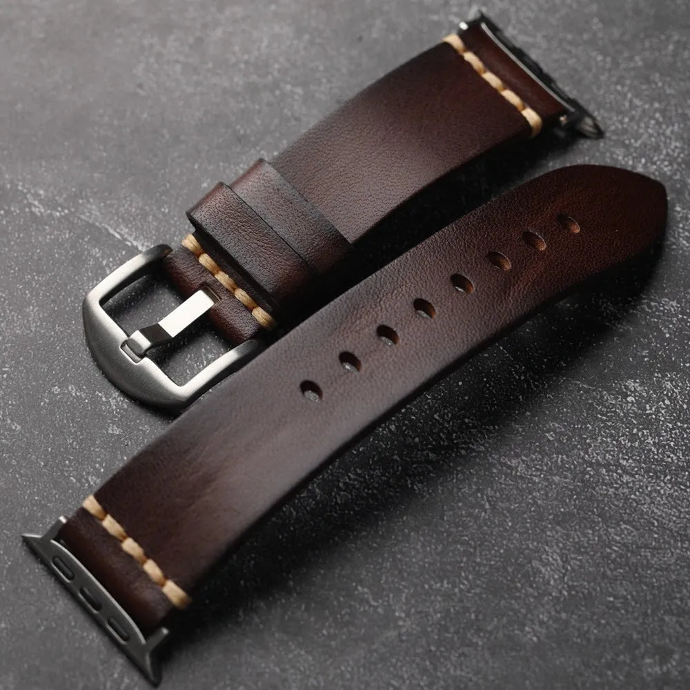 Handmade leather watch strap with stainless steel buckle in black, brown, and red colours