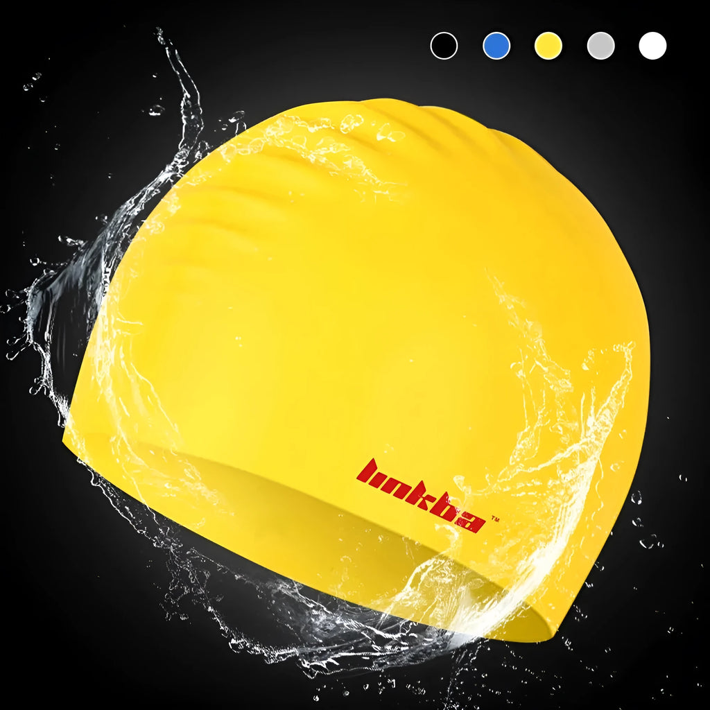 Adult silicone swimming cap with letter pattern in multiple colour options.