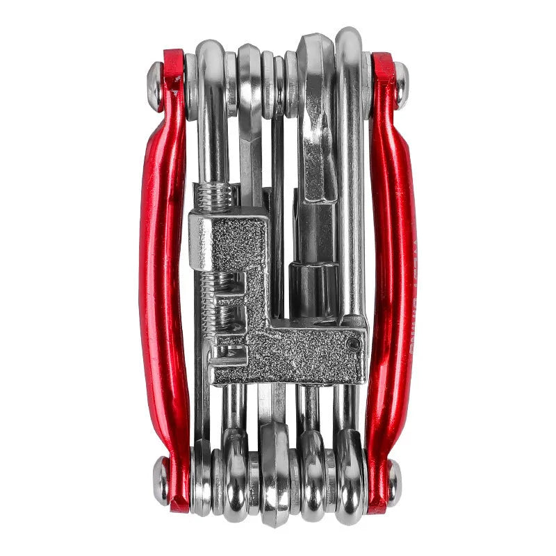 Black aluminium alloy combination tool set with chain breaker in compact storage bag for bicycle maintenance