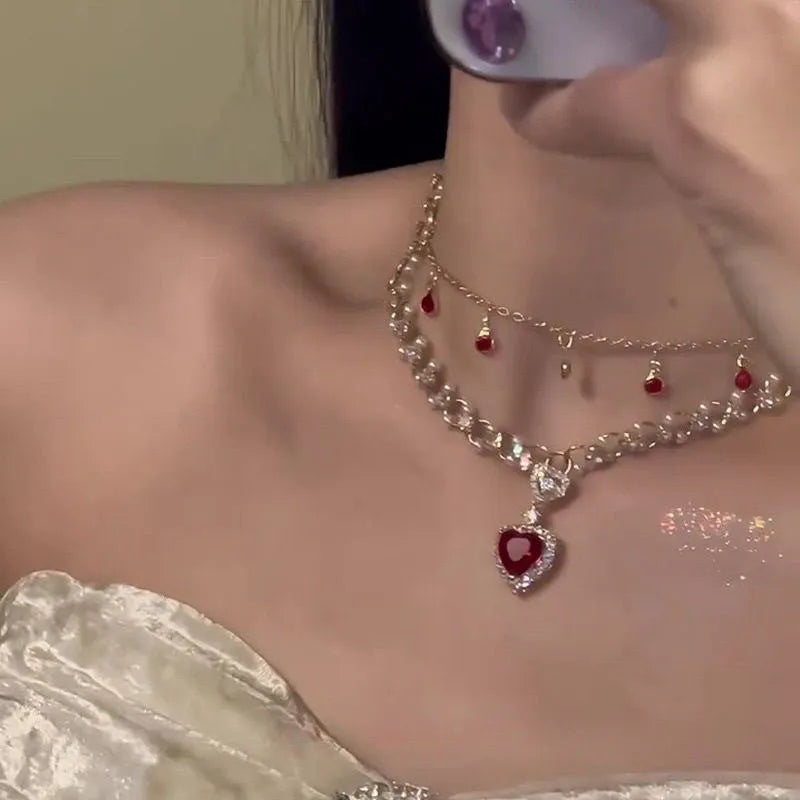 Red love heart pearl pendant on double-layer alloy necklace with adjustable 41-50cm chain
