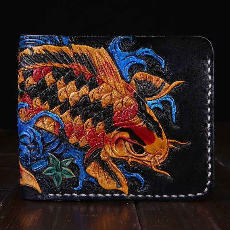 Men's red cow leather short wallet with carved details, shown open.