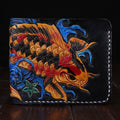 Men's red cow leather short wallet with carved details, shown open.