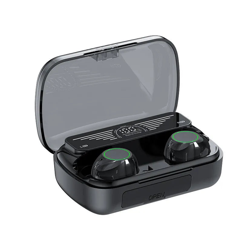Black sports TWS Bluetooth earbuds with touch controls, shown in a charging case.