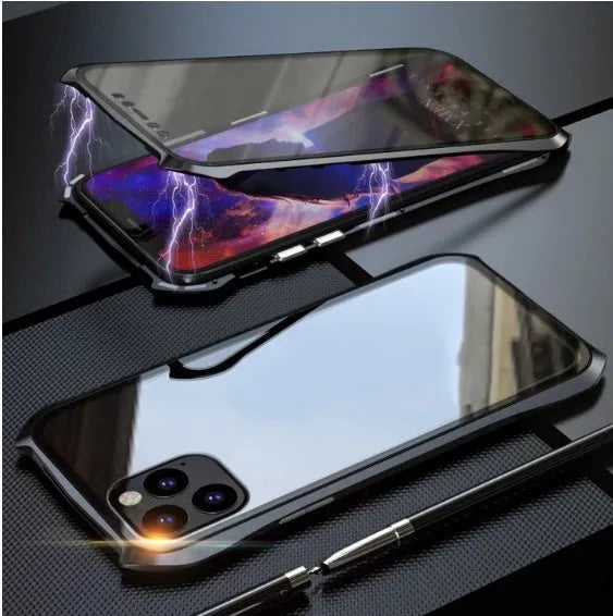 Black metal and glass magnetic protective case for iPhone 11, shown alongside red, blue, and silver colour options.