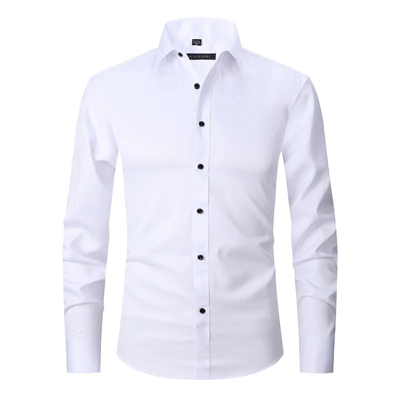 Men's stretch polyester long sleeve work shirt shown in a colour option, laid flat to show design.