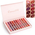 10-pack women's matte lipstick set in waterproof non-stick formula with packaging showing dimensions