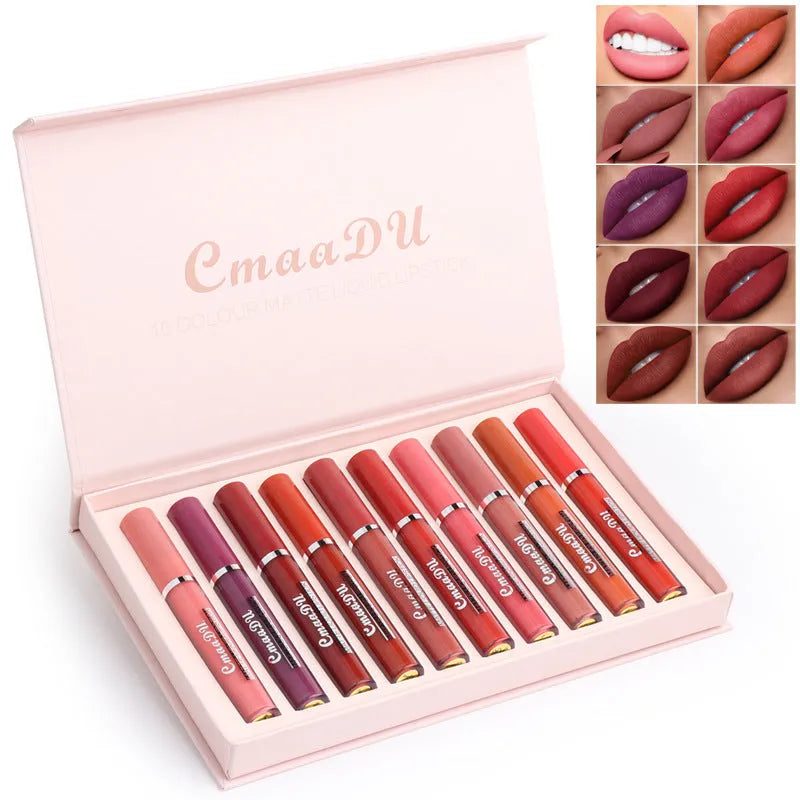 10-pack women's matte lipstick set in waterproof non-stick formula with packaging showing dimensions