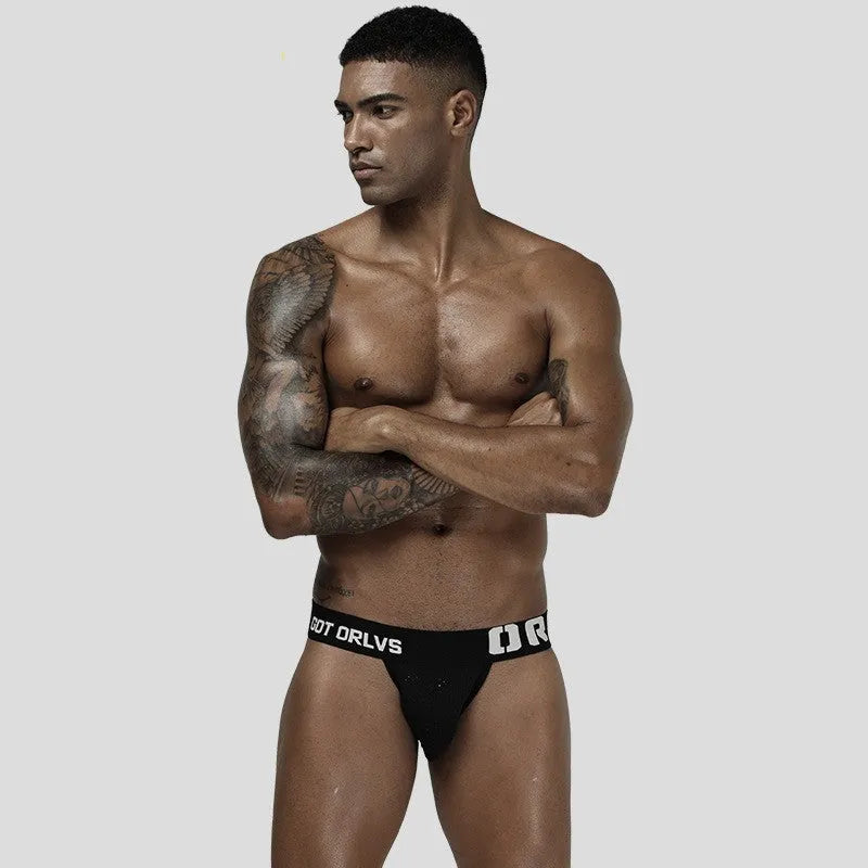 Men's low-waist mesh nylon briefs in black with body shaping and hip lifting support