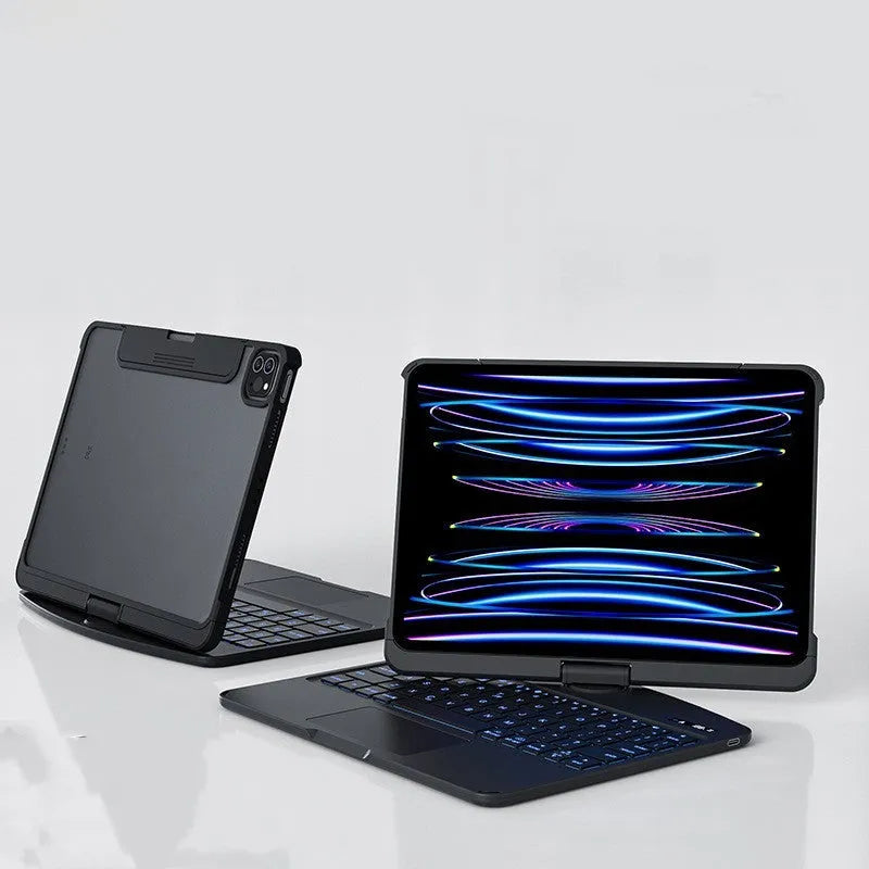 Transparent Bluetooth keyboard case for iPad Pro showing iPad visible through clear back.