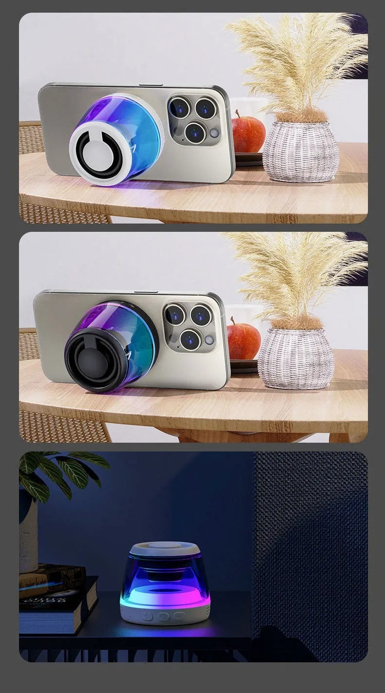 Small black or white portable Bluetooth speaker with magnetic base and card slot