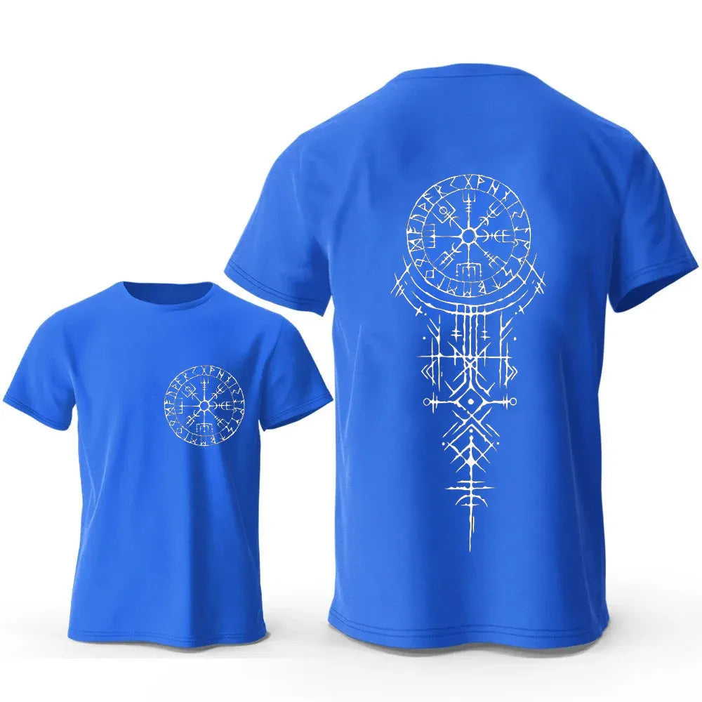 Viking rune compass graphic printed on a men's pure cotton t-shirt.