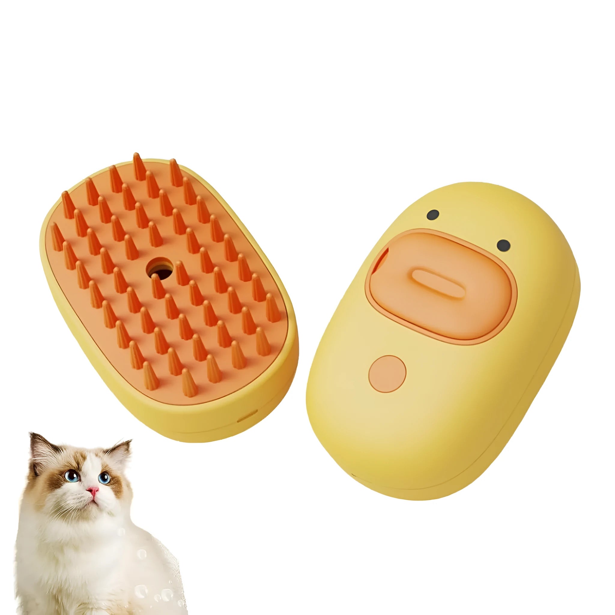 White and yellow rechargeable steam brush for grooming dogs and cats